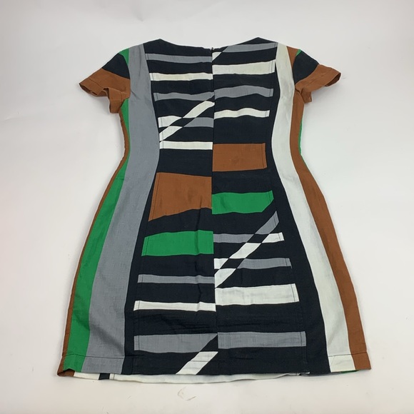 Derek Lam Linen Dress Size 4 Short Cap sleeve Zip up Geometric Multicolor Earthy - Picture 2 of 15